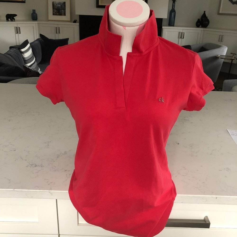 Calvin Klein Casual Cap Sleeve V Neck Cotton w Spandex Polo Shirt Coral Sz M